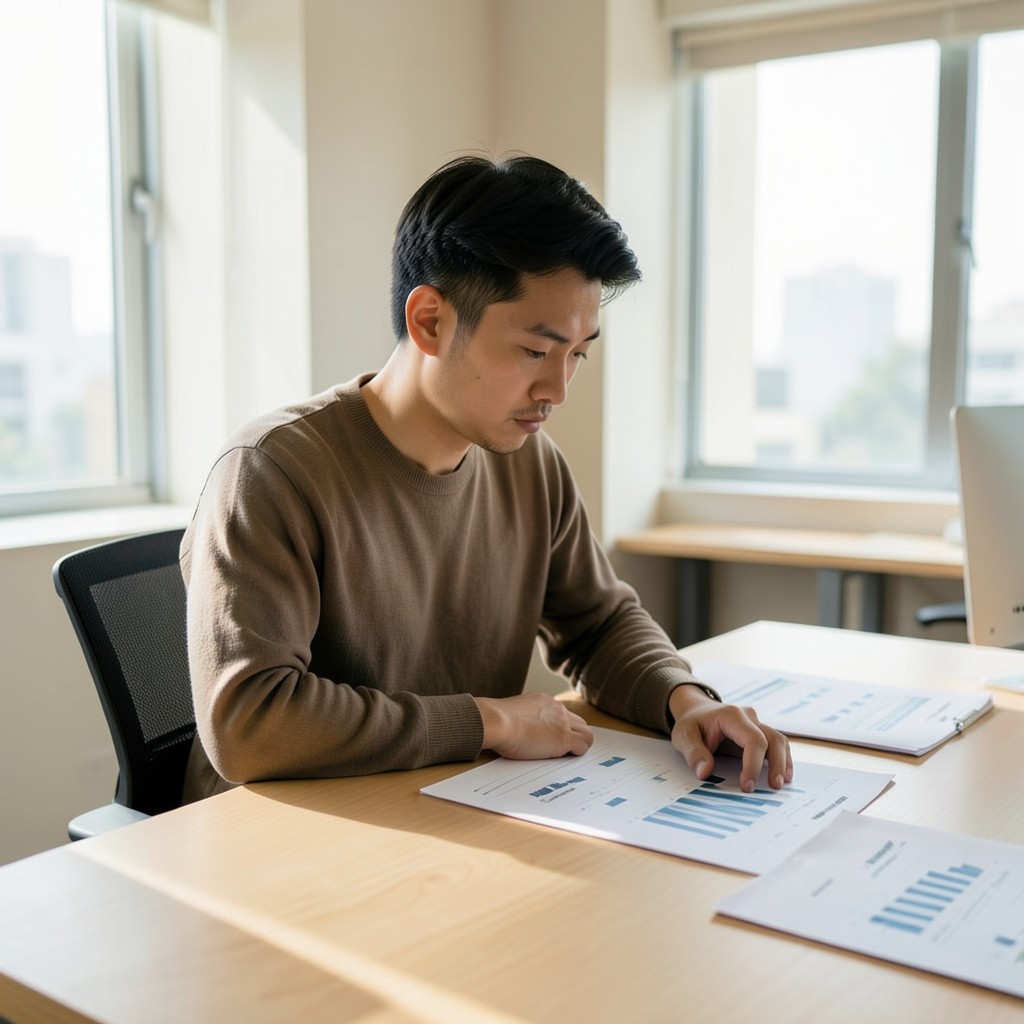 Analyst reviewing printed procurement spend charts at a bright Taipei workspace